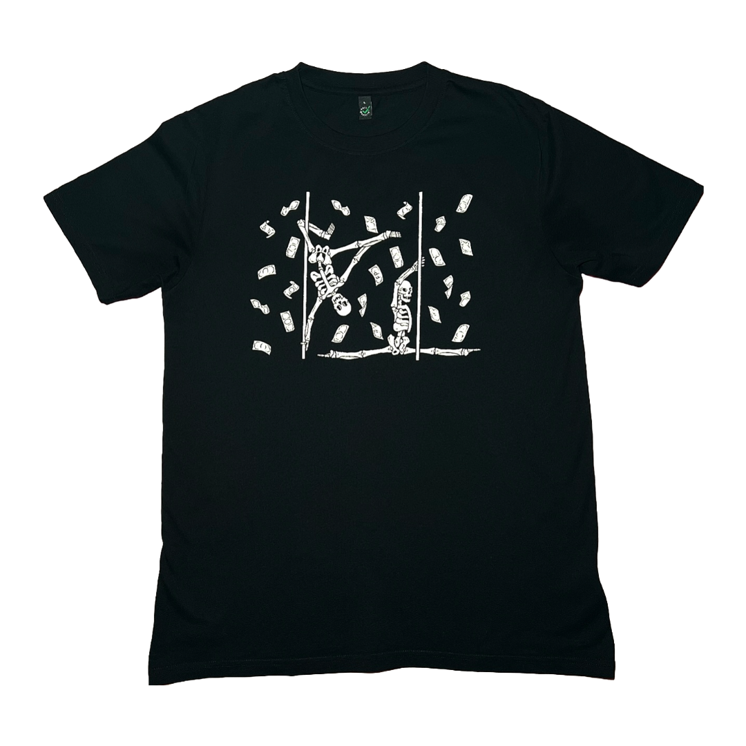 black unisex t-shirt with pole dancing skeletons