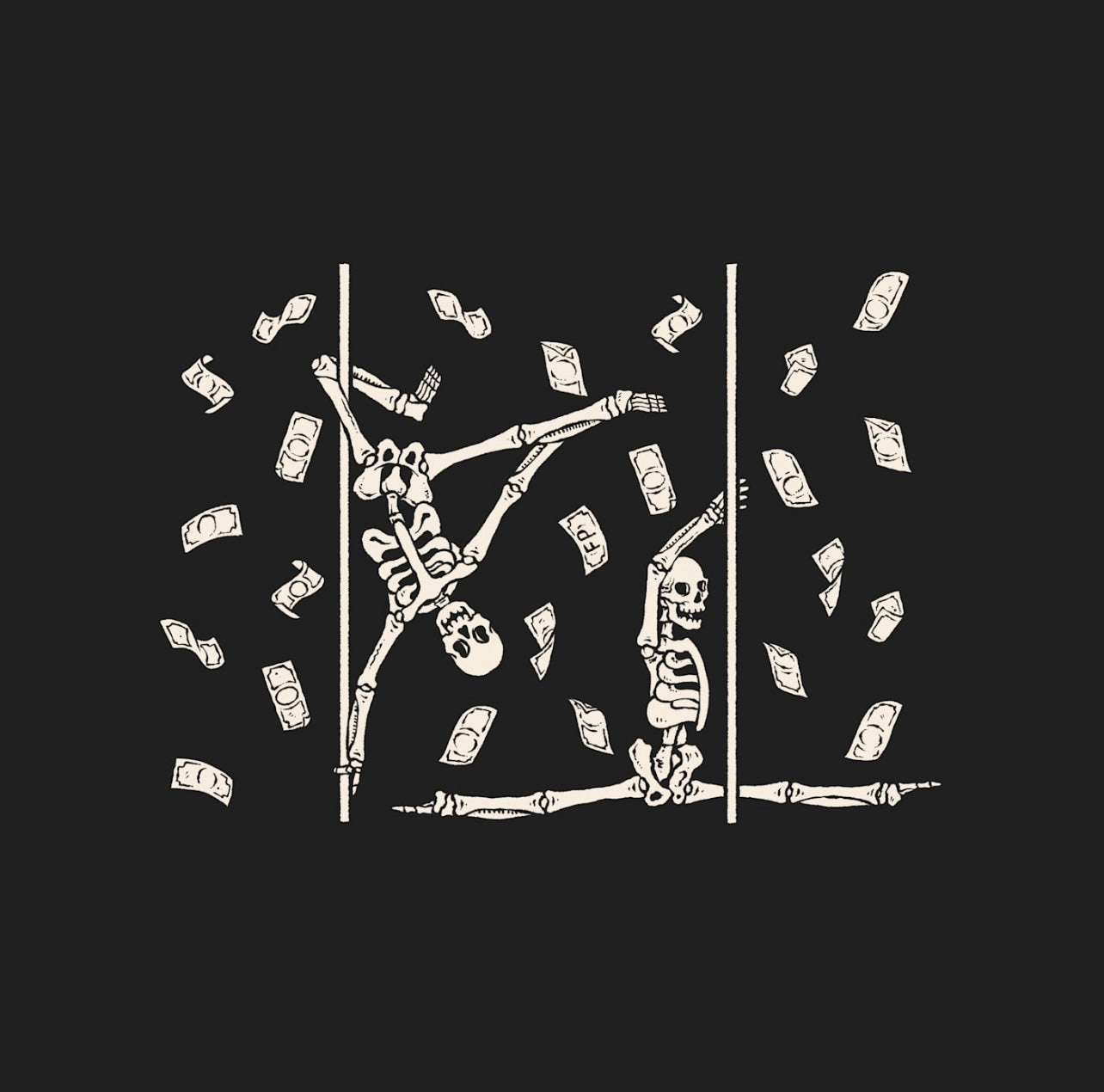 two skeletons pole dancing for money