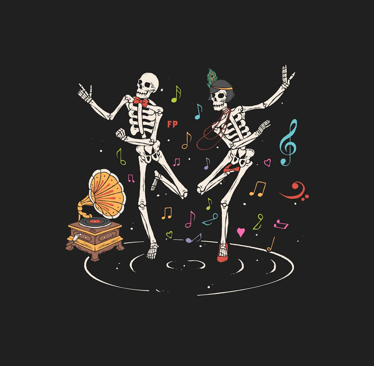 artwork of two skeletons dancing the Charleston next to a gramophone. different coloured musical notes are floating all around them