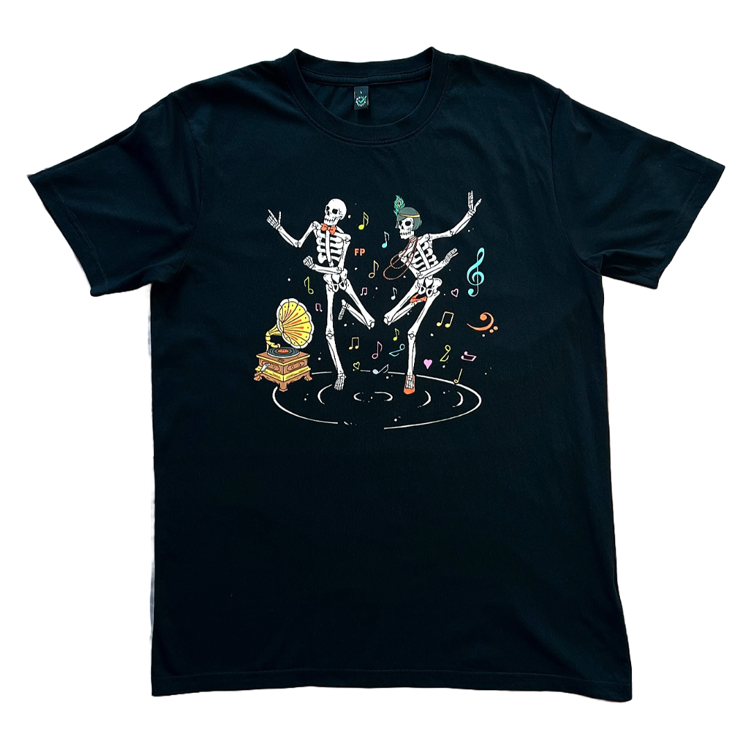 black unisex t-shirt of two skeletons dancing The Charleston next to a gramophone. Different coloured musical notes float around them