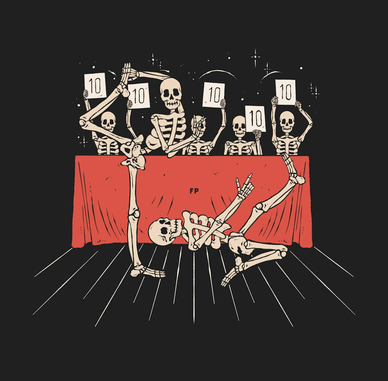 artwork of two skeletons doing voguing poses from the New York ballroom scene. there is a judges table behind them where skeleton judges are scoring them 10
