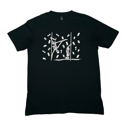 black unisex t-shirt with pole dancing skeletons