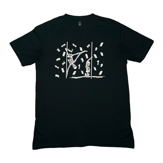 black unisex t-shirt with pole dancing skeletons