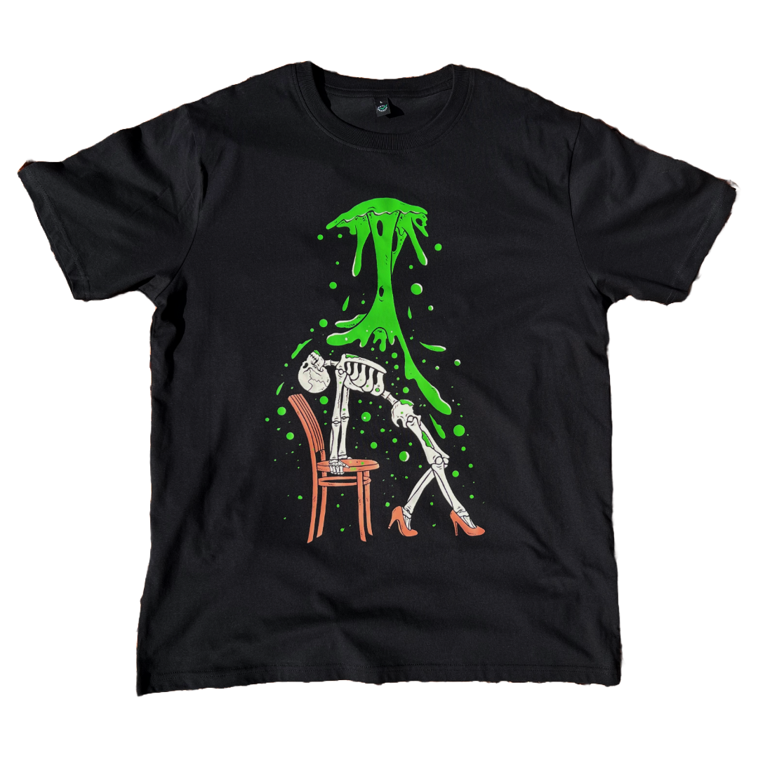 black unisex t-shirt of a skeleton wearing high heels posing in a chair with toxic waste falling on them