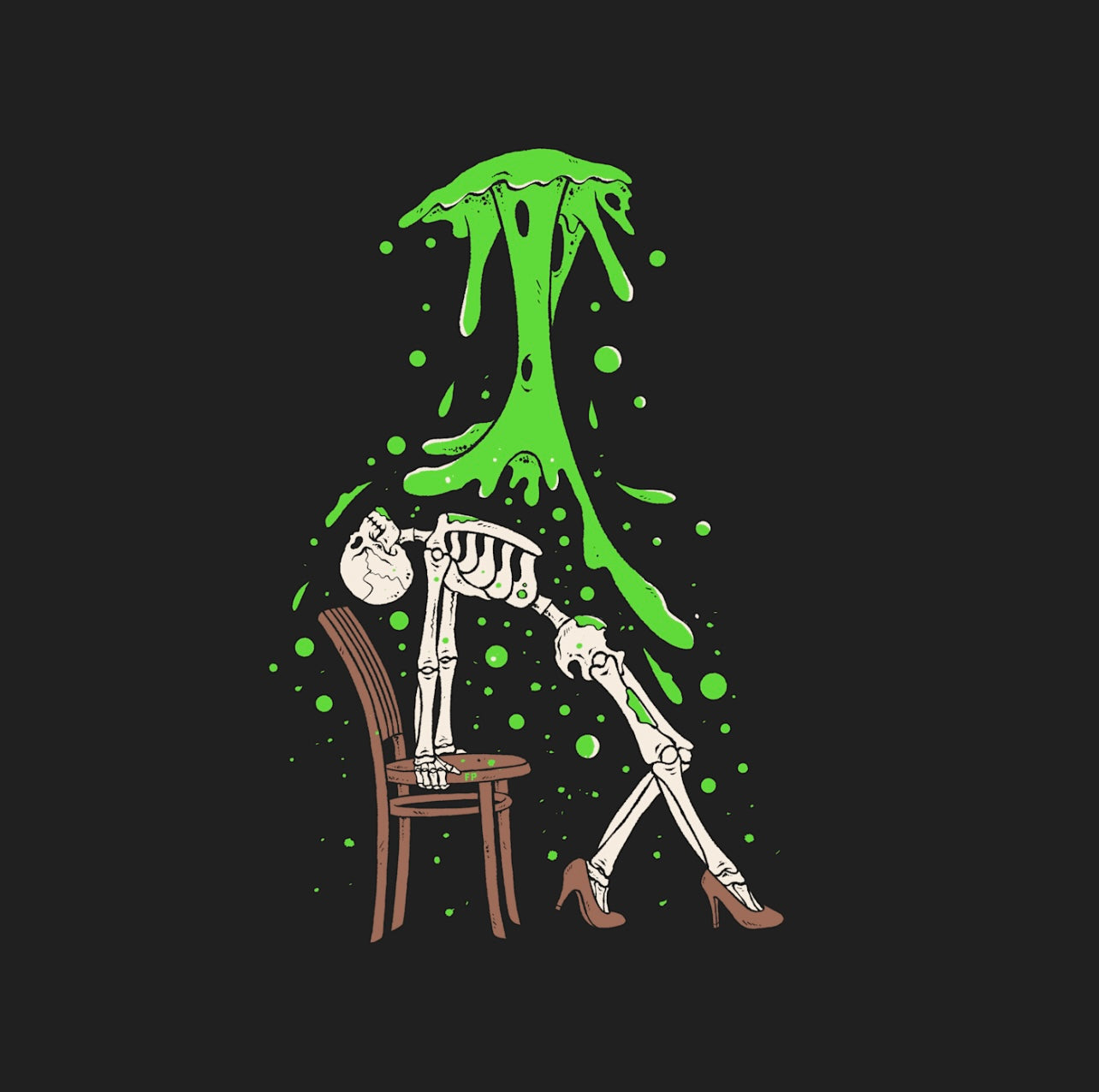 artwork of a skeleton wearing high heels posing on a chair whilst toxic waste is falling on them